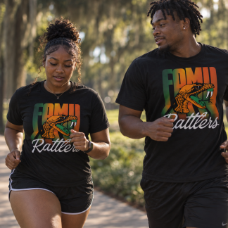 A college aged black man and woman running, wearing a FAMU t-shirt